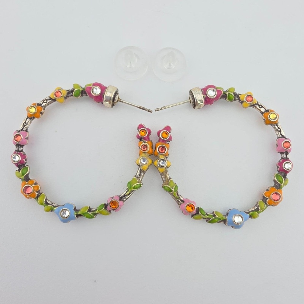 BRIGHTON 'Flower Child' Hoop Earrings Crystal Multi-Color Enamel Silver Plate